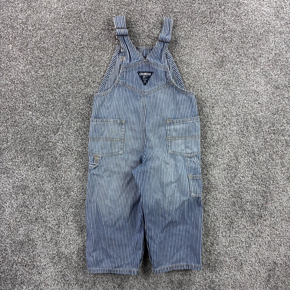 Vintage OshKosh B'gosh Denim Overalls Bib Kids 24M Blue Hickory Railroad Striped